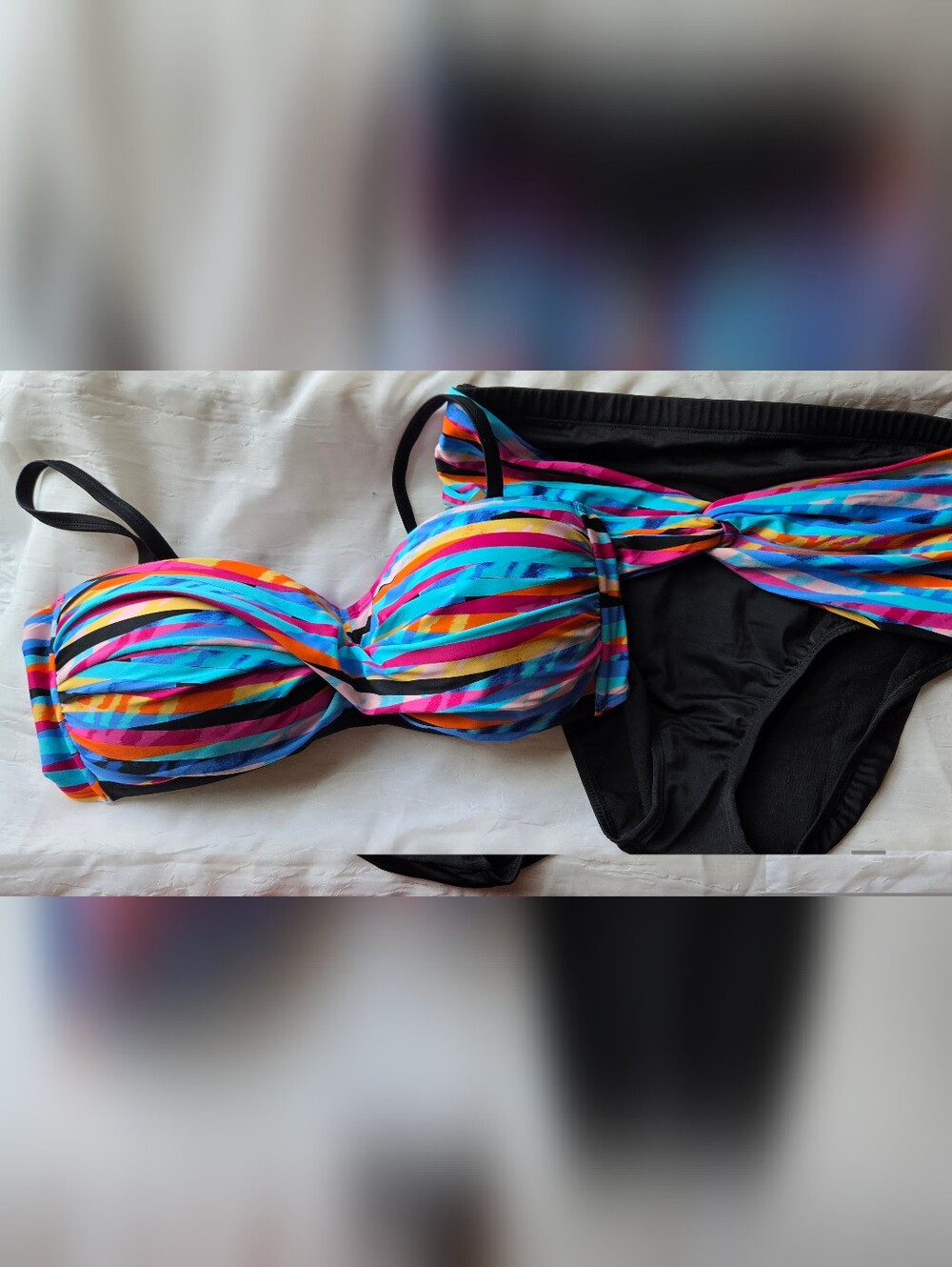 Swimsuits For All Multicolor Striped Bandeau Bikini Top with Black Bottoms